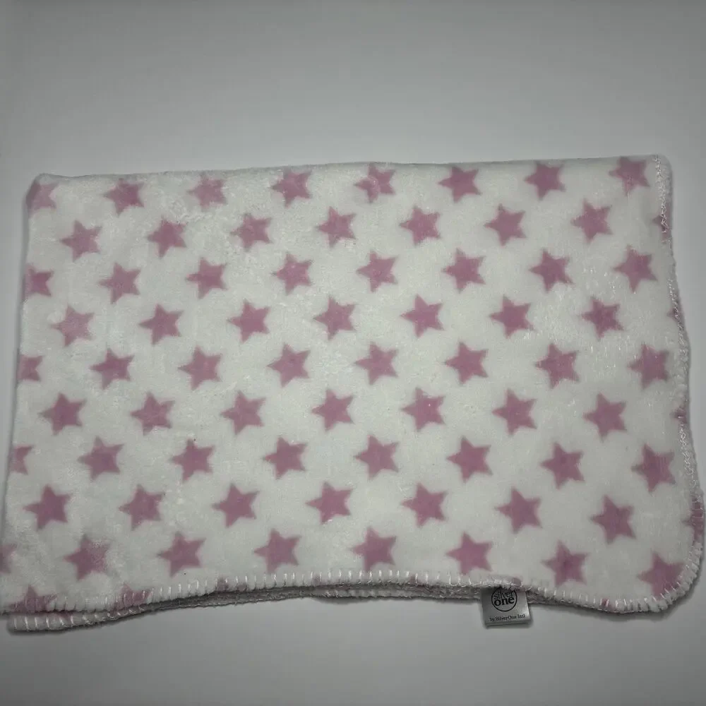 Silver One White Pink Stars Baby Blanket Plush Fleece Stitch Trim